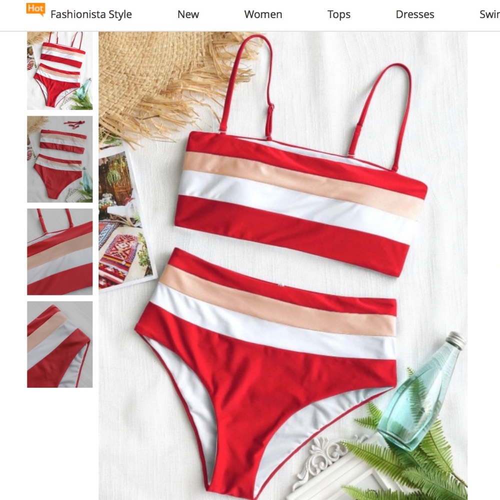Zaful Cami Striped High Waisted Bikini - Red S